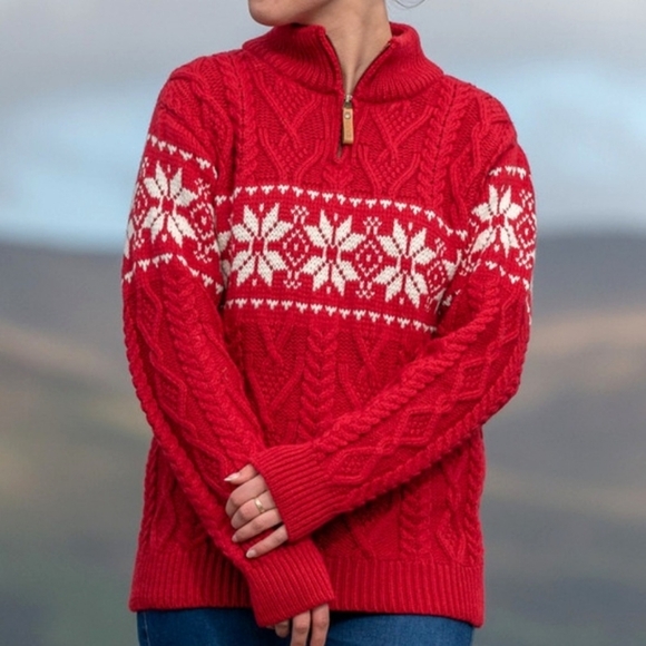 Aran Sweaters - Aran Irish Sweater Fairisle Snowflake Zip-Neck
